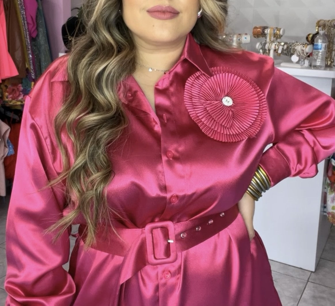 Fuchsia Dress W/Belt & Flower